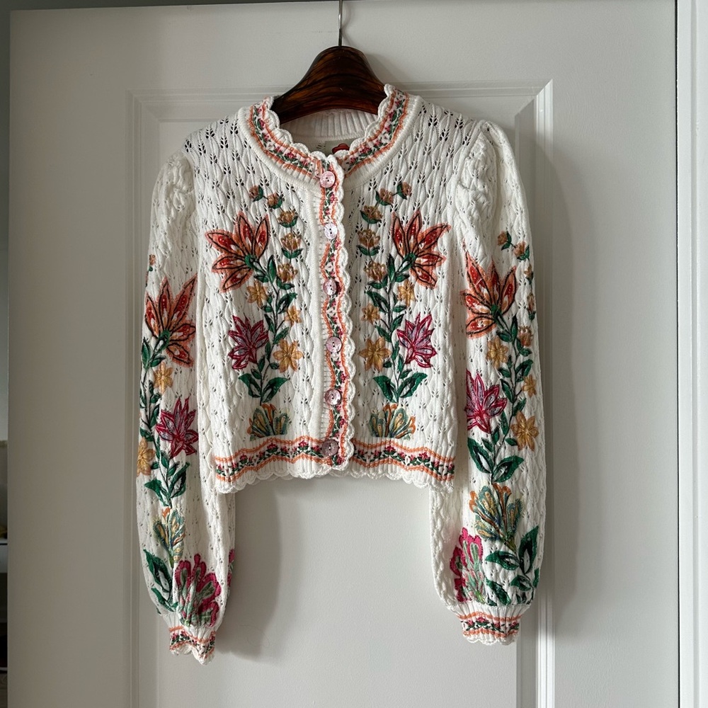 FARM Rio White Cropped Eyelet Cardigan with Multicolor Floral Embroidery - Picture 4 of 7